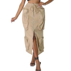 LOVE HIGHLIGHT Cargo Skirt sz S Khaki Zip Pockets HS241 Elastic Waist Stretch
